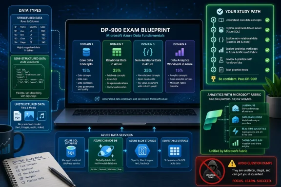Illustration of the DP-900 Azure Data Fundamentals exam blueprint on a laptop with study path panels and analytics tools.