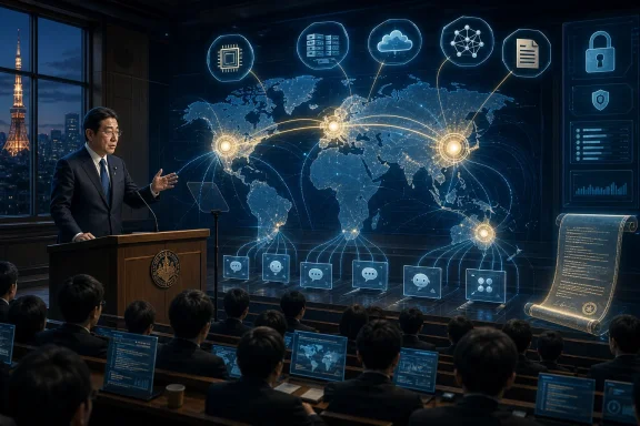 Tech conference speaker presents global network map with neon cloud and security icons in a dark room.
