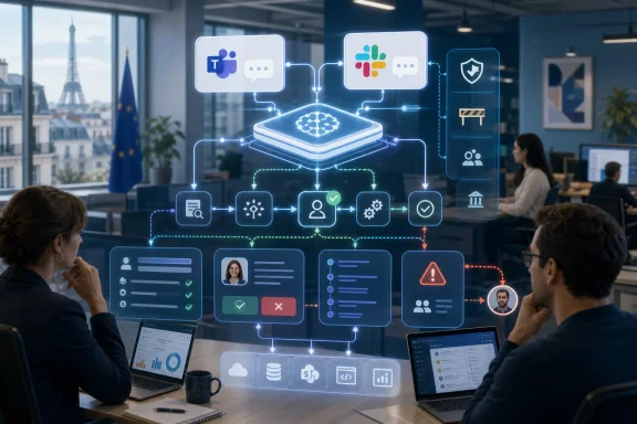 Office team reviews a digital network workflow display with chat, security, and analytics icons on screens.