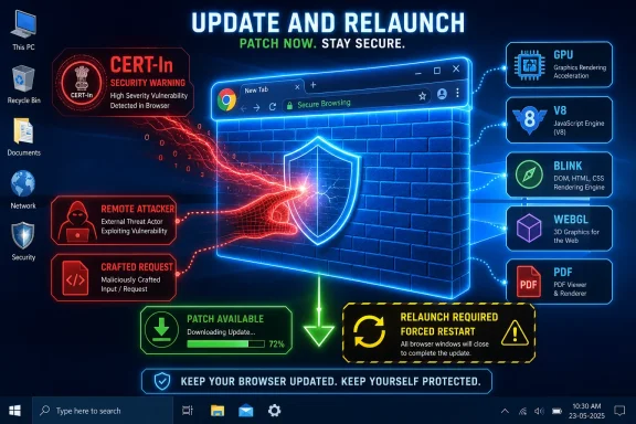 Cybersecurity update alert with browser vulnerability warning, patch download progress, and forced restart prompt.