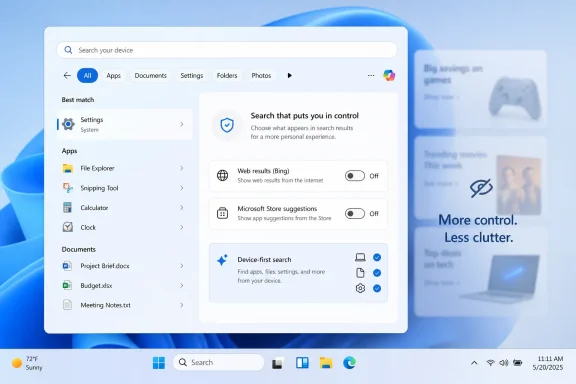 Windows 11 search settings screen on a blue desktop, showing options like web results and store suggestions. Windows 11 search settings screen on a blue desktop, showing options like web results and store suggestions.