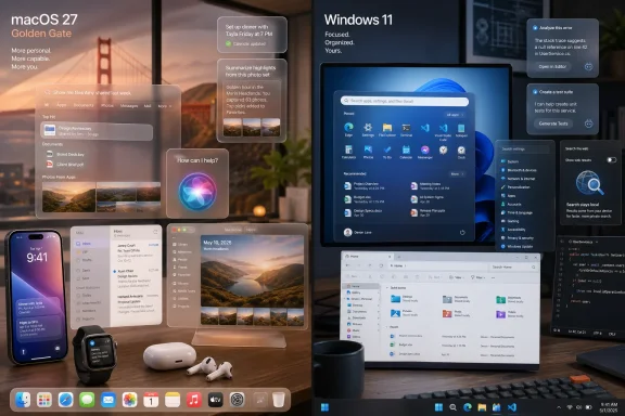 Split-screen mockup showing macOS 27 (Golden Gate) and Windows 11 with app widgets and UI error panels.