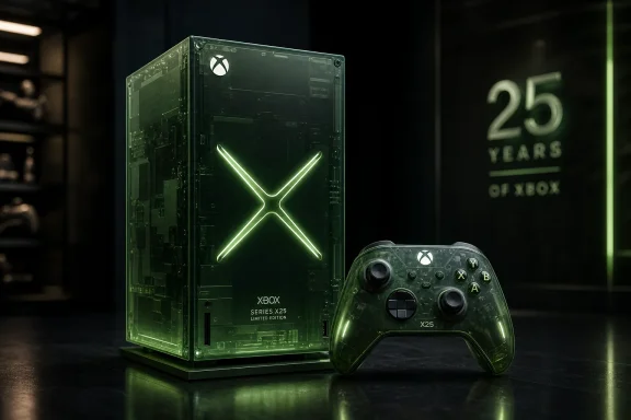 Green-lit Xbox Series X25 limited edition console with controller in a dark industrial setting.