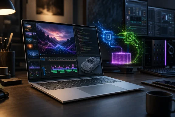 Laptop shows audio/video editing with colorful network-style visuals over dual monitors in a modern workspace.