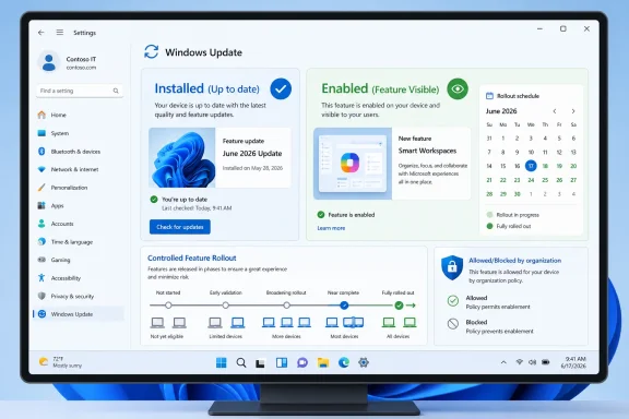 Windows Update settings screen showing an enabled June 2026 feature rollout on a desktop. Windows Update settings screen showing an enabled June 2026 feature rollout on a desktop.
