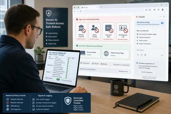 Man reviews AI access-policy dashboards and Claude permissions on a desktop screen at an office desk.