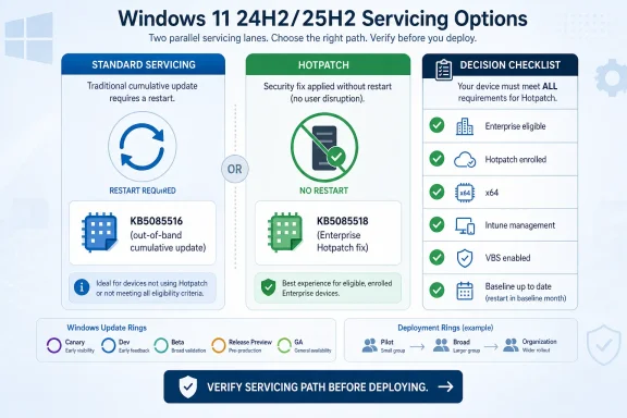 Infographic comparing Windows 11 24H2/25H2 servicing: Standard needing restart vs Hotpatch no restart checklist.