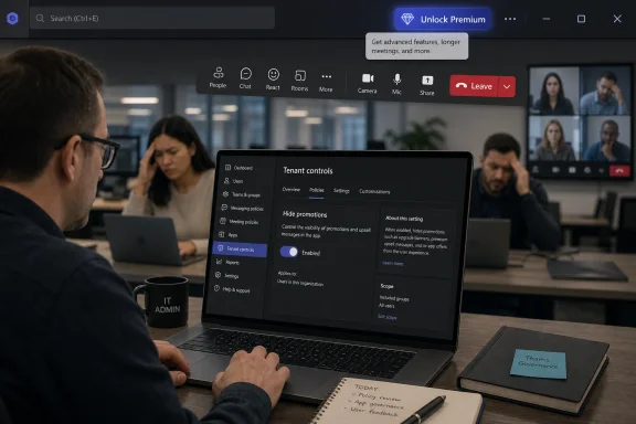 An IT admin views tenant controls on a laptop in a modern office during a team meeting.