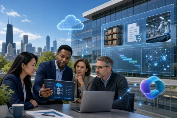 Team of business professionals reviewing cloud and AI analytics on holographic screens outside an office.