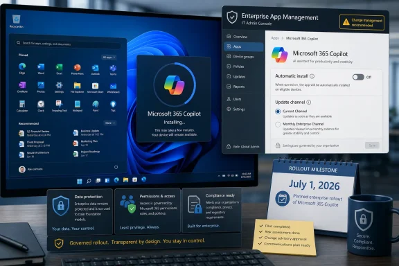 Enterprise setup screens show Microsoft 365 Copilot installing with rollout milestone, compliance, and governance alerts.