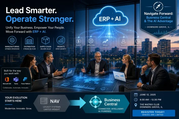 A futuristic business tech ad shows executives meeting under an “ERP + AI” cloud over a city skyline.
