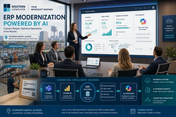 Business meeting with executives presenting an AI-powered ERP modernization dashboard for manufacturing and distribution.