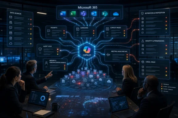Office team reviews a Microsoft 365 “Copilot” dashboard with data flow and security panels.