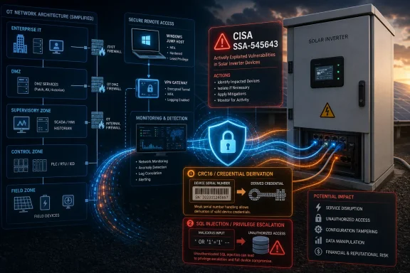 Cybersecurity diagram showing remote access and CISA SSA-545643 risks for a solar inverter system.