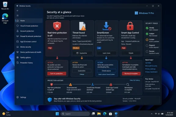 Windows Security dashboard showing blocked threats and actions on a Windows 11 Pro PC.