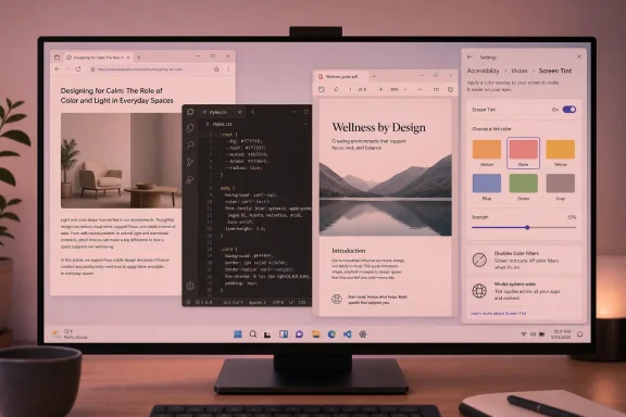 Triple-window desktop screenshot showing a design article and CSS editor alongside a screen-tint accessibility settings panel. Triple-window desktop screenshot showing a design article and CSS editor alongside a screen-tint accessibility settings panel.