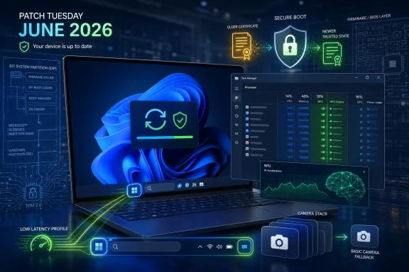 Security-focused Windows patch Tuesday June 2026 interface with secure boot, device status, and system monitoring visuals. Security-focused Windows patch Tuesday June 2026 interface with secure boot, device status, and system monitoring visuals.