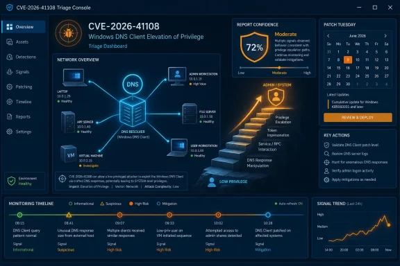 Cybersecurity triage dashboard showing CVE-2026-41108 Windows DNS client privilege escalation risk and patch actions.