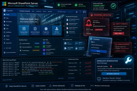 Cybersecurity dashboard showing a Microsoft SharePoint server alerting on spoofing and identity/domain mismatches.