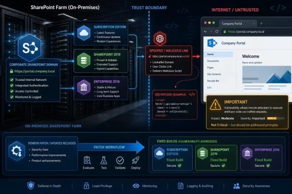 Diagram of an on-prem SharePoint setup showing trust boundary, spoofed malicious links, and a security patch flow.