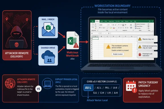 Diagram shows attacker delivering a malicious Excel workbook via shared drive/email that triggers risky macros on a workstation.
