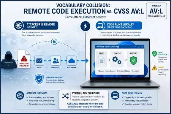 Diagram showing remote code execution vs CVSS AV:L, where malicious documents deliver remotely and run locally.