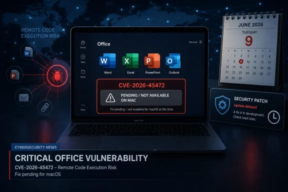Cybersecurity alert on a laptop showing Office CVE-2026-45472 remote code execution risk and pending macOS fix.