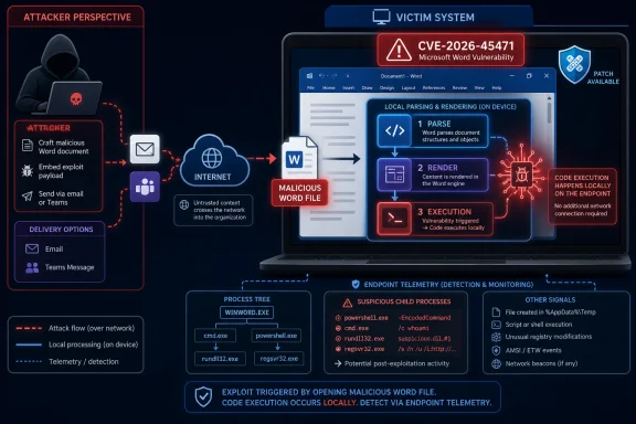 Cybersecurity diagram showing CVE-2026-45471 Microsoft Word exploit flow from attacker to local code execution.