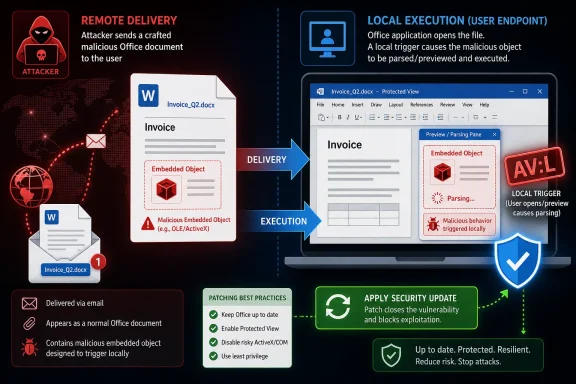 Diagram shows a malicious Word document delivered by email that triggers local execution via an embedded object.