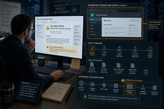 Cybersecurity analyst reviews a SharePoint patch security update dashboard on a monitor.