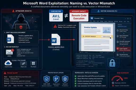 Infographic on Microsoft Word exploitation showing remote delivery, vector mismatch, and Winword.exe code execution flow.