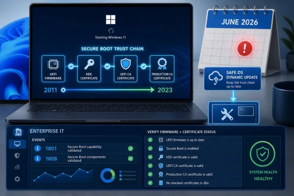 Laptop screen shows a secure boot trust chain timeline from 2011 to 2023, with system health and update status.
