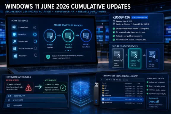 Windows 11 June 2026 cumulative update KB5094126 secure boot certificate rotation and hypervisor fix dashboard.