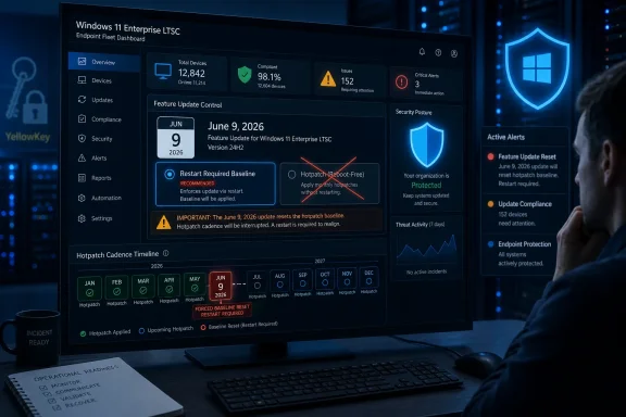 Dashboard screen showing Windows 11 Enterprise LTSC endpoint security status and update baseline reset alerts.