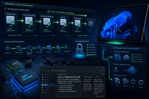 Futuristic secure boot and firmware trust dashboard with TPM, BitLocker, and certificate management screens.