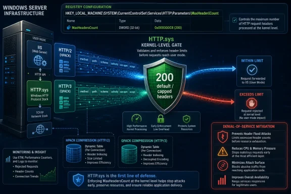 Diagram shows Windows HTTP.sys enforcing a MaxHeadersCount limit at the kernel level, capping at 200.