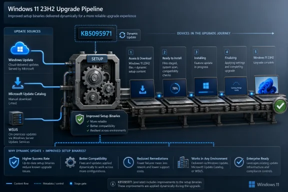 Illustration of a Windows 11 23H2 upgrade pipeline with dynamic update and improved setup binaries.