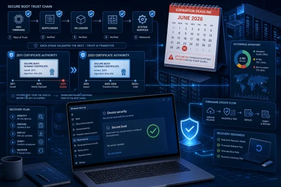 Secure boot trust chain infographic with certificate timelines, server hardware, and a June 2026 expiration alert. Secure boot trust chain infographic with certificate timelines, server hardware, and a June 2026 expiration alert.