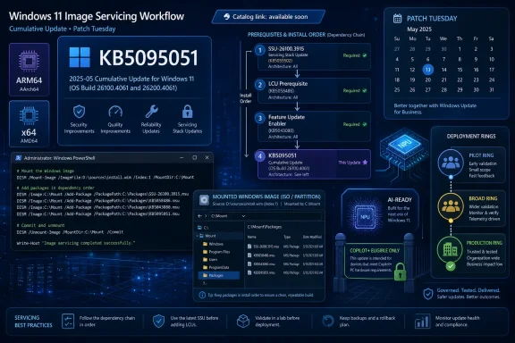 Infographic showing a Windows 11 image servicing workflow for patch KB5095051 with dependencies and deployment rings.
