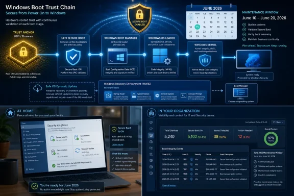 Infographic-style diagram showing Windows Boot Trust Chain secure-boot maintenance window for June 10–20, 2026.