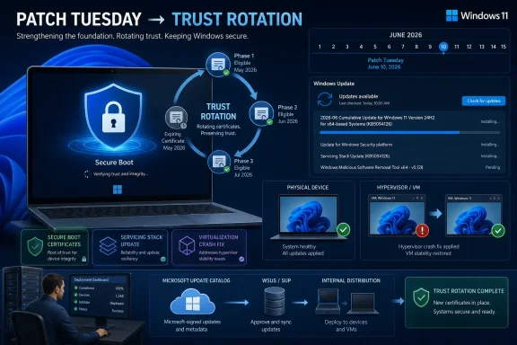 Patch Tuesday trust rotation infographic for Windows 11, showing certificate phases, updates, and secure deployment.
