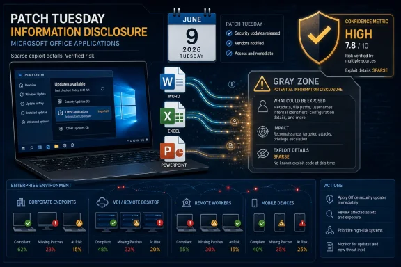 Cybersecurity graphic for Patch Tuesday, highlighting Microsoft Office info disclosure risk and enterprise patch actions.