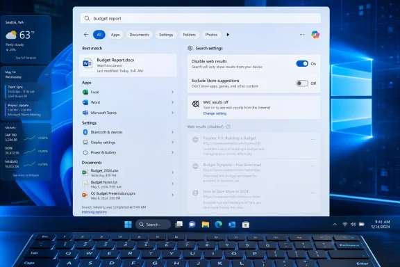 Windows search settings screen open with “budget report” query on a PC. Windows search settings screen open with “budget report” query on a PC.