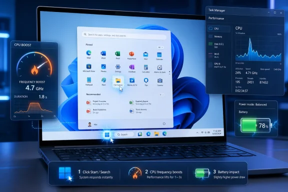 Laptop screen shows Windows Start menu with CPU boost and Task Manager CPU performance charts displayed. Laptop screen shows Windows Start menu with CPU boost and Task Manager CPU performance charts displayed.