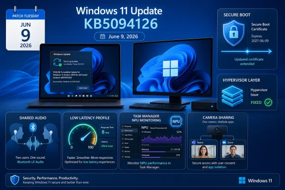 Windows 11 update KB5094126 info with Secure Boot, performance features, and date June 9, 2026.