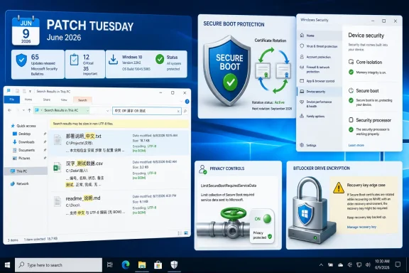 A Windows Patch Tuesday June 2026 security dashboard shows Secure Boot protection, privacy controls, and BitLocker encryption.