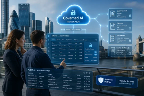 Business professionals view an AI governance dashboard in a city, showing Azure cloud access and legal/finance modules.