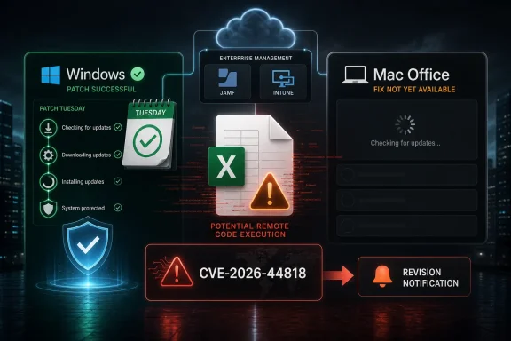 Cybersecurity dashboard shows Windows patch success, remote code execution warning CVE-2026-44818, and revision notification.