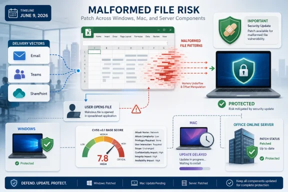 Cybersecurity infographic showing “Malformed File Risk” with patch protection across Windows, Mac, and server.
