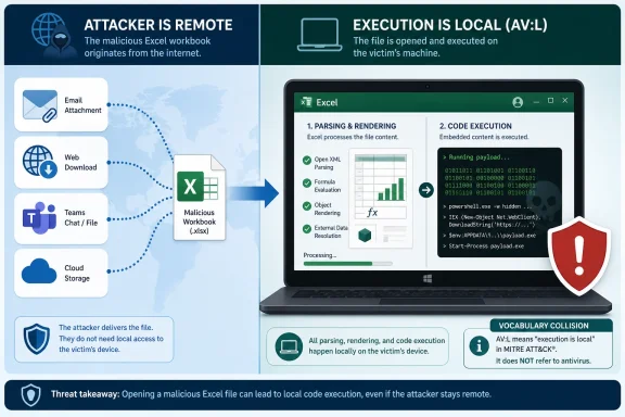 Infographic showing how a remote malicious Excel workbook leads to local code execution on a victim’s PC.
